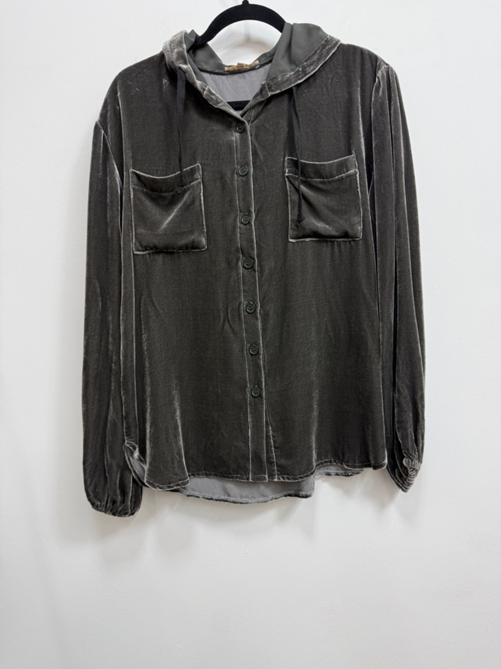 Gold Hawk Velvet Hooded Button-Up Shirt - Charcoal, size small.